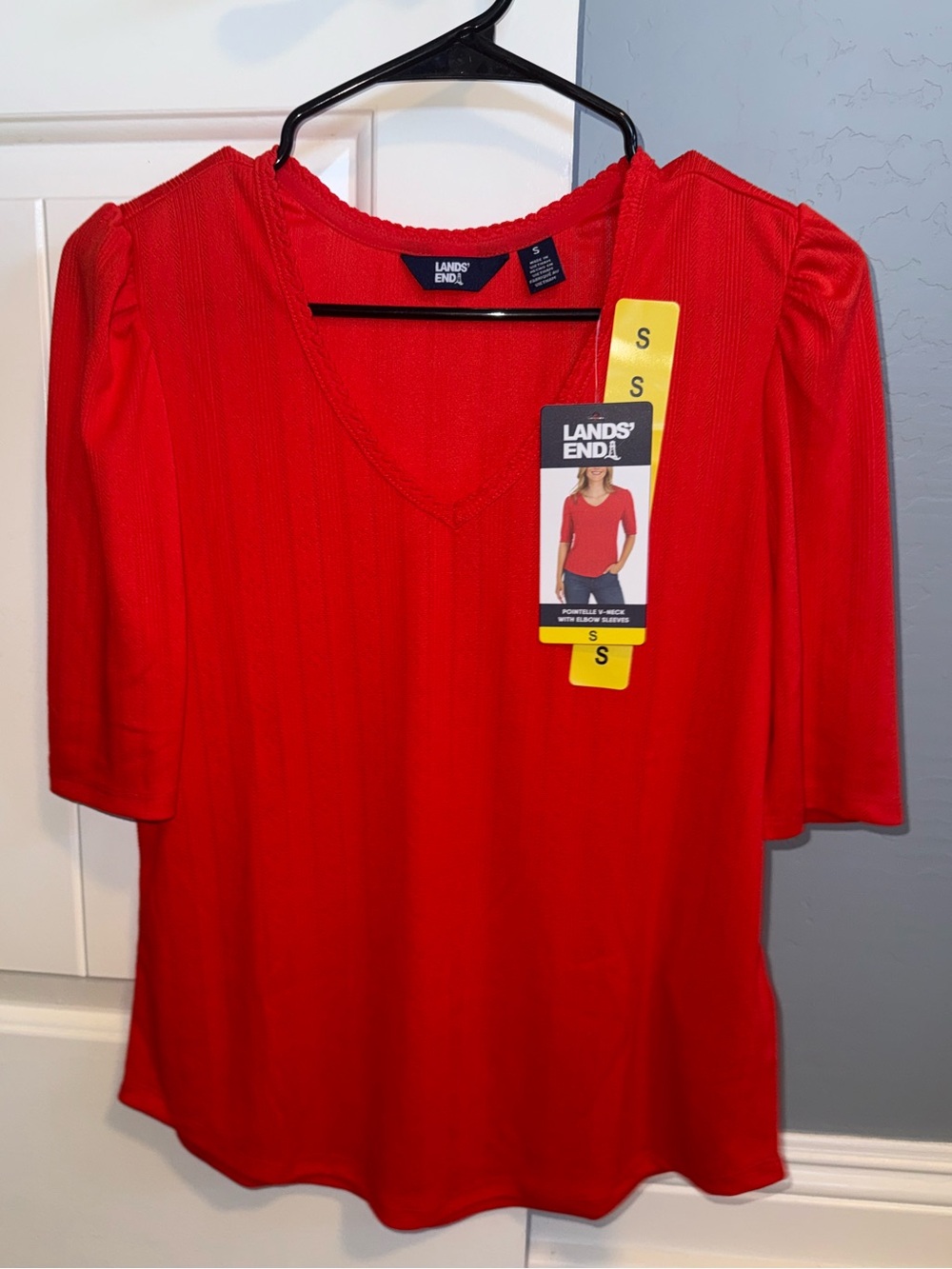 Lands' End Women's Bright Red V-Neck Short Sleeve Top